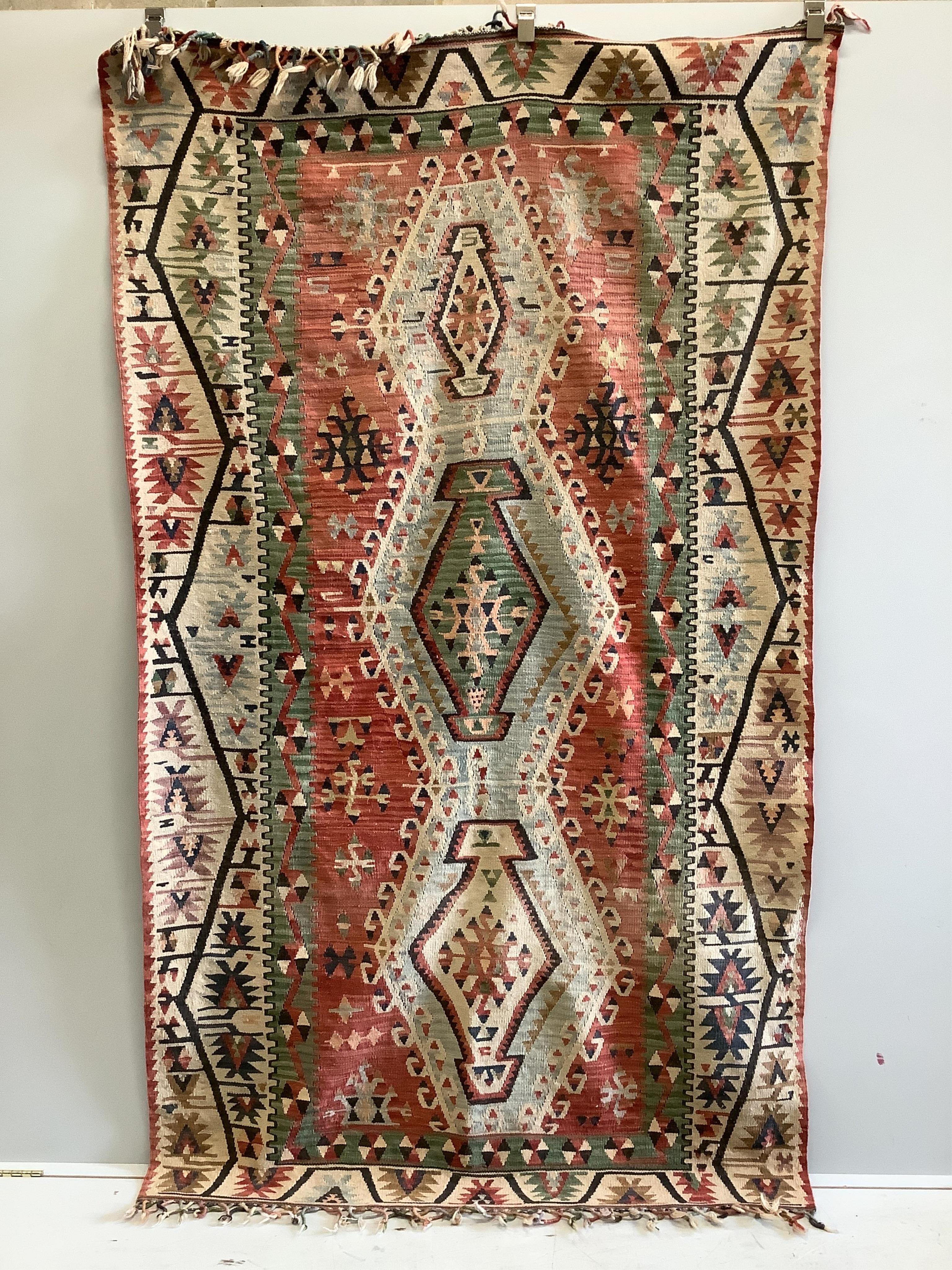 Two Kelim polychrome rugs, 240 x 143cm and 169 x 94cm. Condition - fair to good